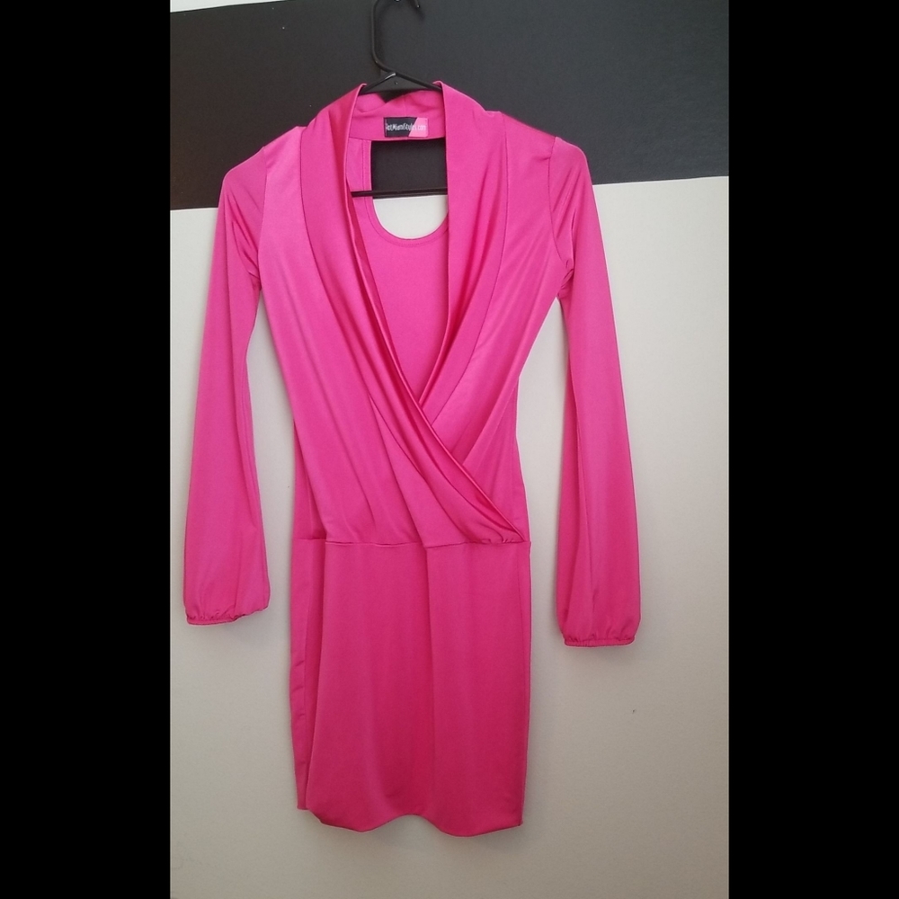 NEW LISTING! Fuchsia Wrapped Plunging Neck Mini Dress - Picture 9 of 15